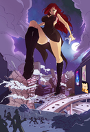 breasts drawing giantess panties city upskirt color destruction clothed handheld rampage green_eyes moon red_hair boots airplane looking_down night angelgts