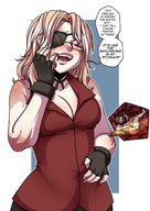 drawing nude vore blushing blonde long_hair cleavage glasses saliva digestion gloves shrunken_woman open_mouth inside_stomach closed_eyes dialogue no_background eyepatch cutaway