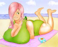 drawing color long_hair butt swimsuit clothed beach barefoot cleavage ocean green_eyes huge_breasts pink_hair lying_down shrunken_man outdoors looking_back my_little_pony fluttershy on_shoulder humanized_pony anon beach_towel maarthul