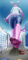 drawing giantess pokemon feet furry tail anthro city color large_breasts destruction clothed handheld toes barefoot buildings soles green_eyes blue_hair pogojo train low_angle espeon jayne short_hair foot_crush shorts walking looking_down people vehicles outdoors vehicle_crush multiple_tails running_away paw_pads bare_midriff tail_whip