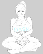 drawing blushing monochrome cleavage huge_breasts smiling ponytail sitting looking_down hugging top my_little_pony rainbow_dash no_background maarthul boob_hat