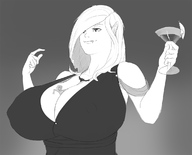 drawing nipples monochrome long_hair clothed cleavage huge_breasts dress fangs shrunken_woman looking_down cocktail_glass necklace my_little_pony fluttershy applejack wine_glass no_background pointed_ears humanized_pony maarthul between_breasts bat_pony