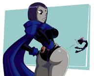 breasts drawing color large_breasts butt clothed purple_hair purple_eyes pink_hair raven teen_titans short_hair shrunken_woman looking_down costume cape belt leotard hands_on_hips hood thick_thighs no_background dc_comics hip_check bare_legs grey_skin skintight_clothing ravenravenraven jinx_(teen_titans)
