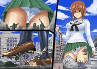 breasts drawing giantess panties city upskirt color destruction clothed handheld rampage skirt brunette train walking fighting looking_down outdoors debris tomahawk