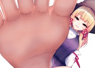 drawing blushing blonde large_breasts long_hair toes barefoot soles touhou low_angle under_foot point_of_view raised_foot no_background