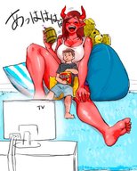 drawing horns large_breasts long_hair clothed barefoot smiling red_hair mini_giantess sitting drinking indoors red_skin