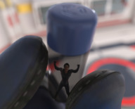 giantess blonde armor clothed short_hair shrunken_man trapped indoors between_fingers boomgts digital_render