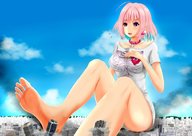 drawing giantess giga color large_breasts destruction toes barefoot soles pink_hair short_hair sitting clouds kk