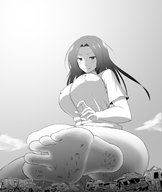 drawing giantess blushing mega monochrome long_hair destruction toes barefoot soles huge_breasts sitting outdoors thick_thighs edogtskagura
