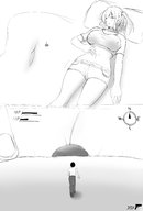 drawing micro blushing sleeping monochrome large_breasts bed lying_down twintails shorts unaware running shrunken_man indoors closed_eyes on_belly edogtskagura