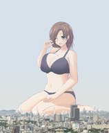 drawing giantess giga city long_hair destruction huge_breasts brunette underwear sitting outdoors one_eye_closed edogtskagura drowsy