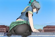 drawing white_hair city long_hair clothed stockings ponytail sitting looking_down outdoors looking_back big_butt okubyouna55