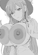drawing monochrome long_hair touhou huge_breasts breast_crush shrunken_man pinned hat tenshi_hinanawi no_background rakia