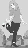 drawing city monochrome long_hair destruction clothed smiling boots looking_down outdoors necklace hanging_on sihagen