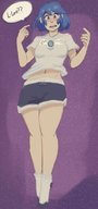 drawing giantess blushing earth giga space clothed planet blue_hair socks short_hair surprised shorts looking_down sihagen