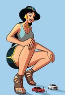 breasts drawing giantess mega black_hair color large_breasts long_hair cleavage smiling ponytail sandals shorts looking_down vehicles dark_skin crouching jasmine aladdin disney earrings hairband car_wash no_background bare_legs caiman2