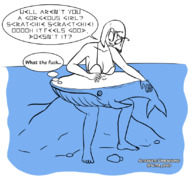 bikini drawing giantess alien short_hair sitting looking_down dialogue whale petting antennae alternate_dimensions