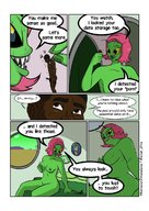 drawing nude alien comic handheld sweat smiling pink_hair short_hair looking_down dialogue panels sharp_teeth green_skin pinched antennae alternate_dimensions