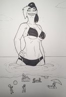 bikini drawing giantess monochrome black_hair large_breasts long_hair wet smiling looking_down outdoors sharp_teeth sandcastle