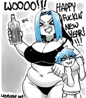 drawing black_hair long_hair huge_breasts mini_giantess bbw drunk drinking necklace dialogue thick_thighs skimpy_clothing flushed lazorchef