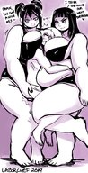 drawing black_hair long_hair huge_breasts mini_giantess bbw hugging dialogue groping thick_thighs skimpy_clothing lazorchef