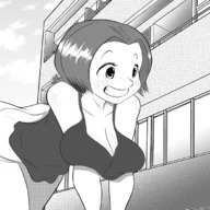 drawing giantess city monochrome cleavage huge_breasts smiling crawling outdoors freckles geoligar