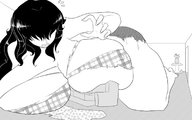 drawing monochrome black_hair long_hair huge_breasts breast_crush surprised looking_down indoors nervous ripped_clothing furniture cramped geoligar