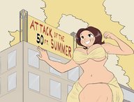 drawing city cleavage buildings huge_breasts brunette smiling short_hair outdoors freckles source_needed attack_of_the_50_foot_woman skimpy_clothing geoligar makeshift_clothing bare_midriff