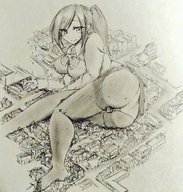 drawing giantess panties blushing mega monochrome large_breasts long_hair butt destruction clothed ponytail lying_down looking_down ulzakino
