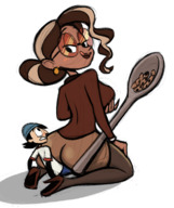 drawing blushing large_breasts long_hair high_heels glasses butt_crush brunette stockings smiling sitting bottomless spoon looking_back licking_lips big_butt cookie no_background hair_bun cupping_breast dookspunk