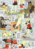 drawing giantess blushing blonde comic large_breasts long_hair destruction cleavage sandals foot_crush outdoors dialogue panels running_away chasing dangerking11