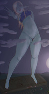 drawing giantess blonde long_hair blue_skin clouds outdoors groping pointed_ears peace_sign