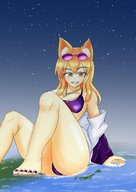 drawing giantess giga blonde large_breasts long_hair barefoot fox_ears fox_tail sitting looking_down sunglasses necklace arakata_ice