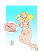 drawing nude vore sleeping blonde large_breasts long_hair lying_down shrunken_people earrings hairband internal_view no_background cutaway obee
