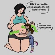 drawing vore blushing black_hair large_breasts clothed short_hair mini_giantess kneeling looking_down hugging thick_thighs no_background bellylamp