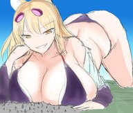 bikini drawing giga city blonde long_hair destruction cleavage huge_breasts smiling fox_ears looking_down sunglasses ibarado smug