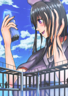 drawing giantess blushing mega black_hair color large_breasts long_hair destruction handheld buildings ribbon purple_eyes smiling bigsis_iyashi