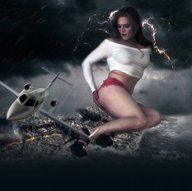 panties giga city long_hair destruction giant high_heels brunette sitting airplane storm crossdressing lightning magma