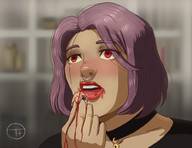 drawing vore handheld purple_hair blood gore short_hair shrunken_man choker nail_polish decapitation bell black_nails flushed pedroruizart