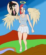 drawing giantess wings mega large_breasts handheld skirt high_heels blue_hair red_hair looking_down choker halo cutaway fairyduni