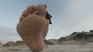 feet beach toes barefoot soles dirty dirty_soles point_of_view raised_foot hands_on_hips loryelle