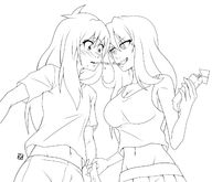 drawing blushing monochrome large_breasts long_hair pocky smiling shrunken_people looking_down giantesses no_background thunderafterdark sweat_drop bare_midriff
