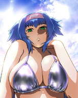 drawing color swimsuit cleavage green_eyes macross_frontier blue_hair klan_klein looking_down clouds sky point_of_view looking_at_viewer ueyamamichiro