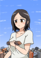 drawing giantess blushing city black_hair exercise destruction handheld buildings short_hair looking_down outdoors arakata_ice ｼﾝｶﾝｾﾝｶﾀｲｱｲｽ