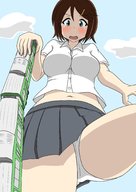 drawing giantess panties blushing upskirt large_breasts clothed handheld brunette train embarrassed short_hair looking_down tears point_of_view hair_clip p_tag_gts