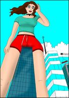 drawing giantess city long_hair clothed buildings brunette smiling looking_down outdoors choker jhonair