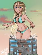 bikini drawing growth giantess blushing blonde long_hair destruction buildings outgrowing_building outdoors nail_polish ankle_bracelet necklace blue_nails velvet-lily