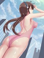drawing giantess city large_breasts long_hair buildings glasses brunette outdoors big_butt hairband hysnc
