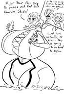 drawing giantess monochrome handheld huge_breasts smiling short_hair ships big_butt dialogue thick_thighs on_shoulder cutaway caiman2