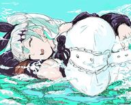 drawing giantess giga sleeping long_hair huge_breasts ponytail lying_down clouds hair_ribbon onioniogre